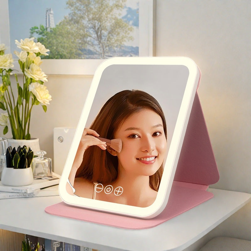 Makeup mirror with led light, portable desktop, student dormitory home mirror, pu leather mirror
