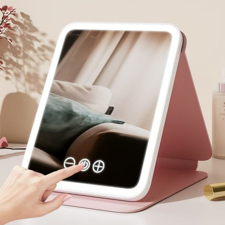 Makeup mirror with led light, portable desktop, student dormitory home mirror, pu leather mirror